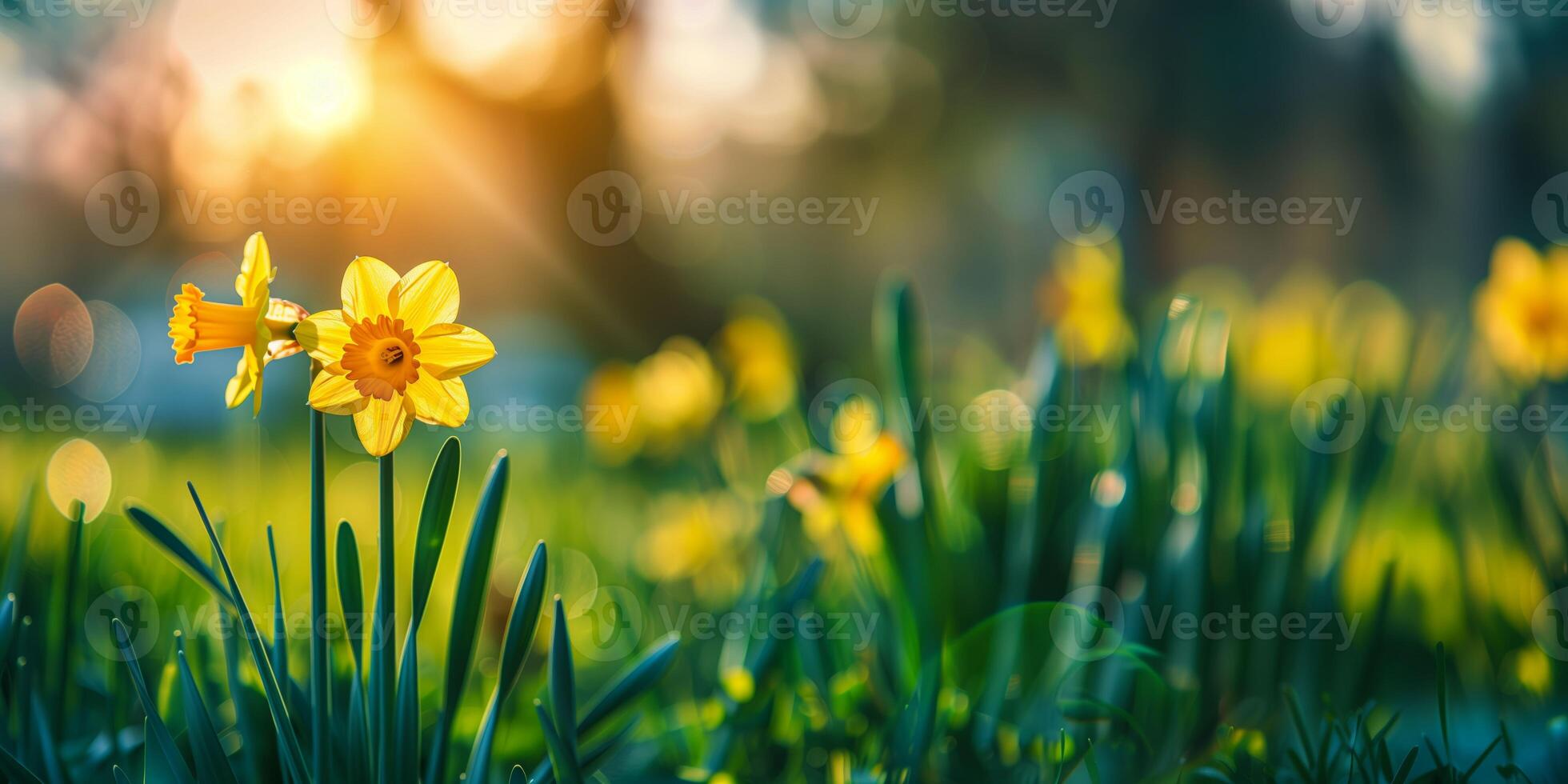 A close up of a yellow narcissus flower in a field of grass photo