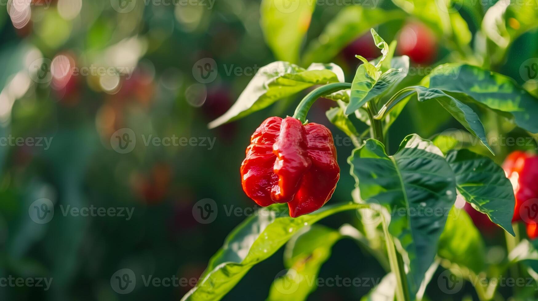 A red carolina reaper pepper plant with green leaves in the background photo