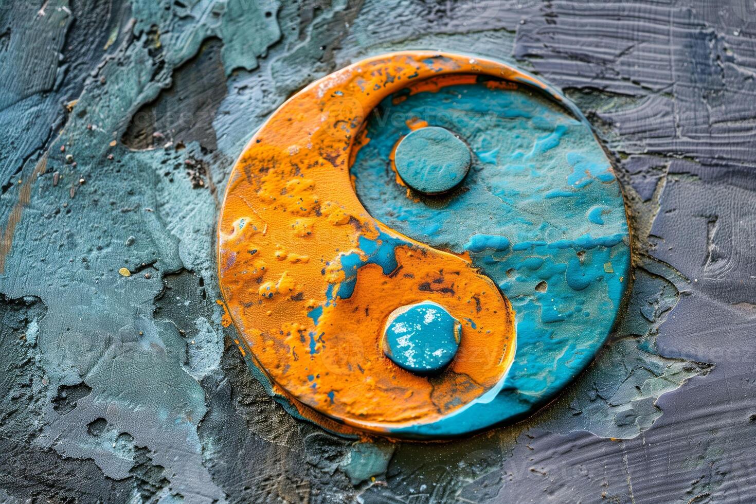 Plate with a blue and orange yin symbol photo