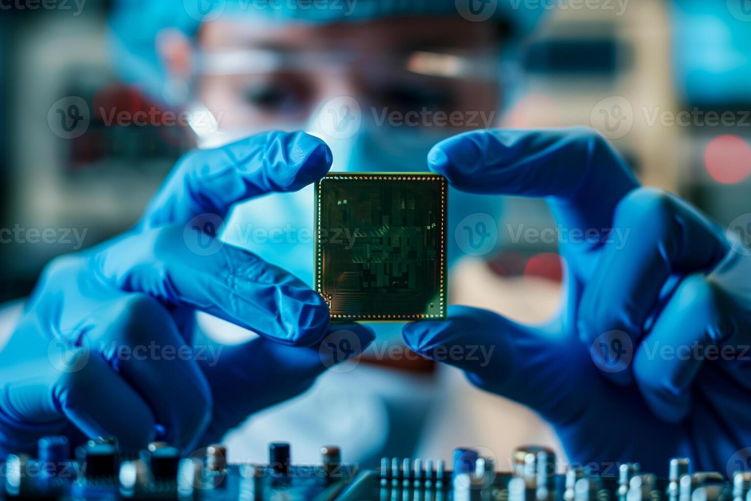 Man in blue gloves holding microchip in front of circuit board photo