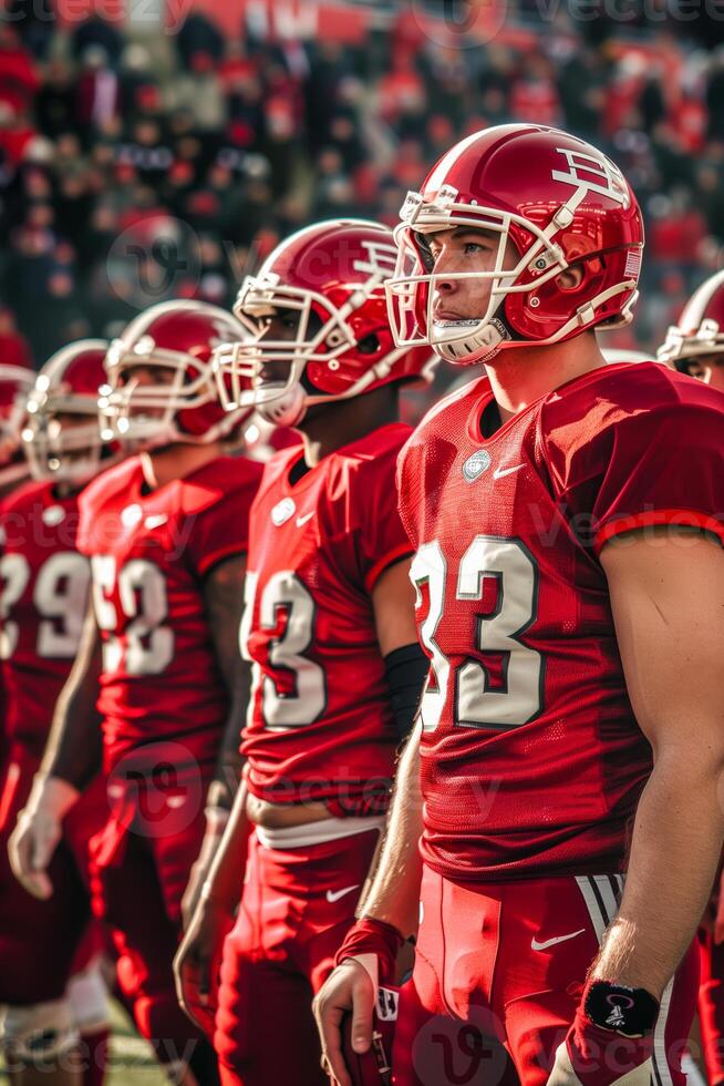 Football players in red uniforms stand on the field photo