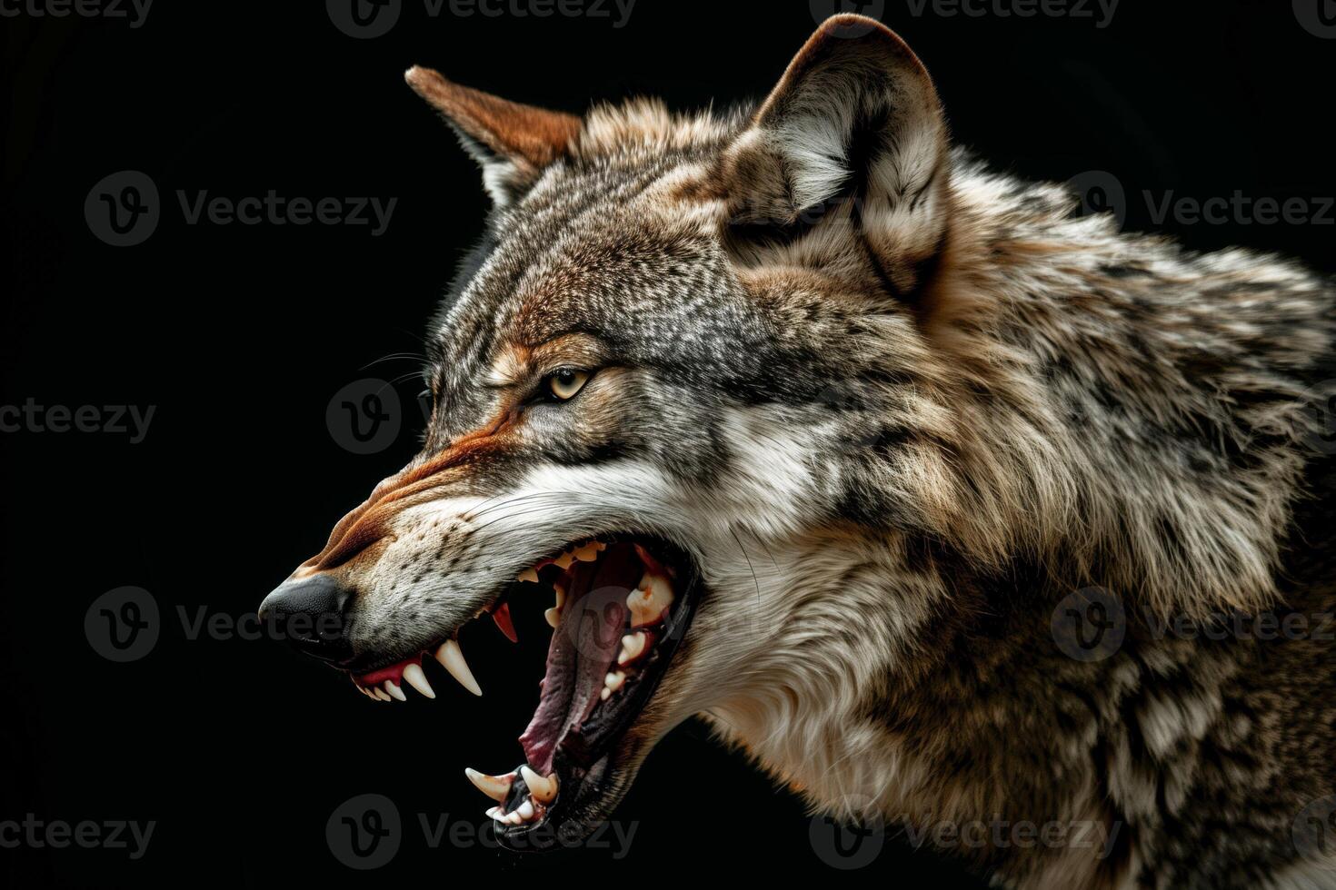 A wolf with its mouth open and its teeth bared photo