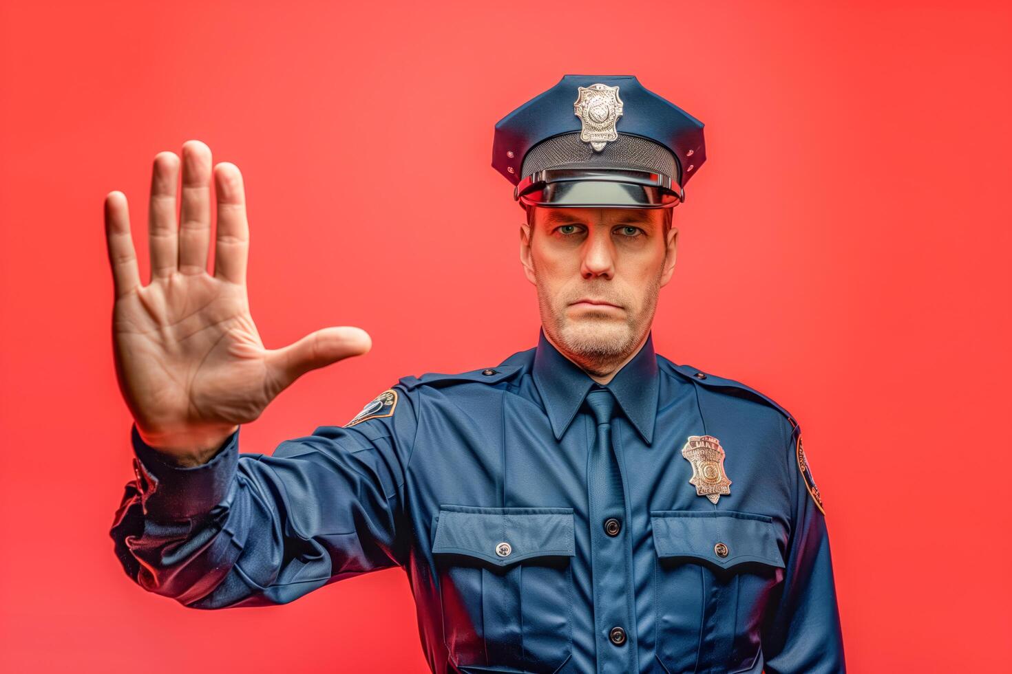 Police officer in uniform signaling stop with hand photo