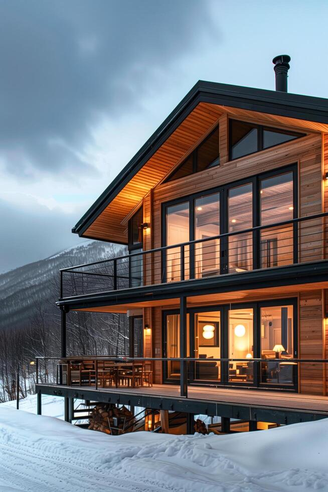 House with a balcony and a deck covered in snow photo