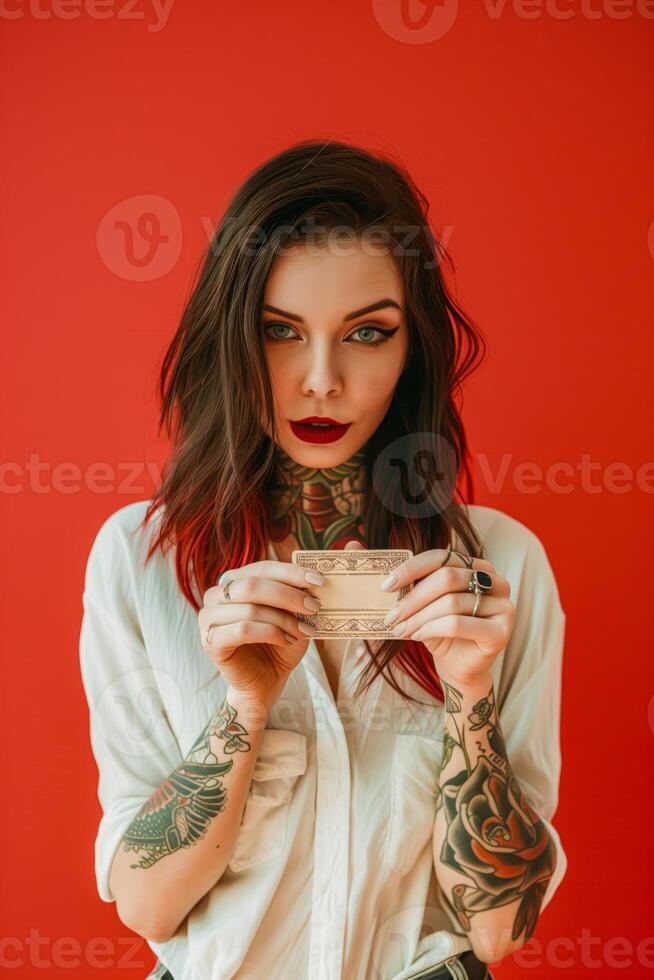 Woman with tattoos holding empty card in front of her face photo
