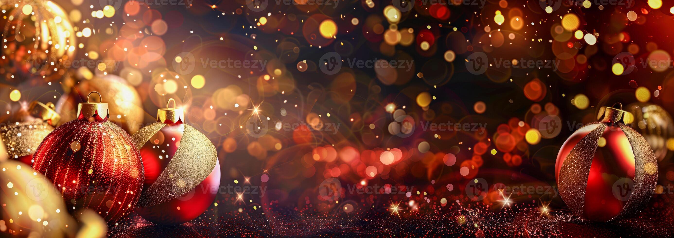Shiny christmas decorations and glowing lights as bokeh backdrop photo