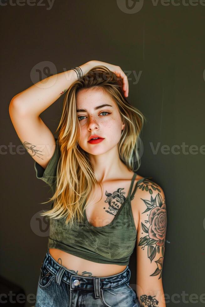 A close up of a woman with tattoos on her arms photo