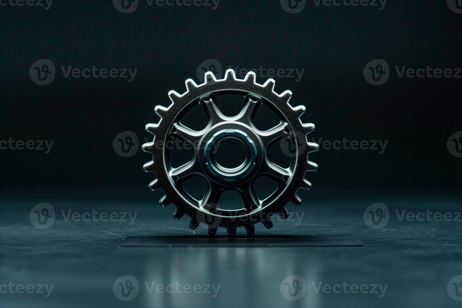 A close up of a gear wheel on a table with a black background photo