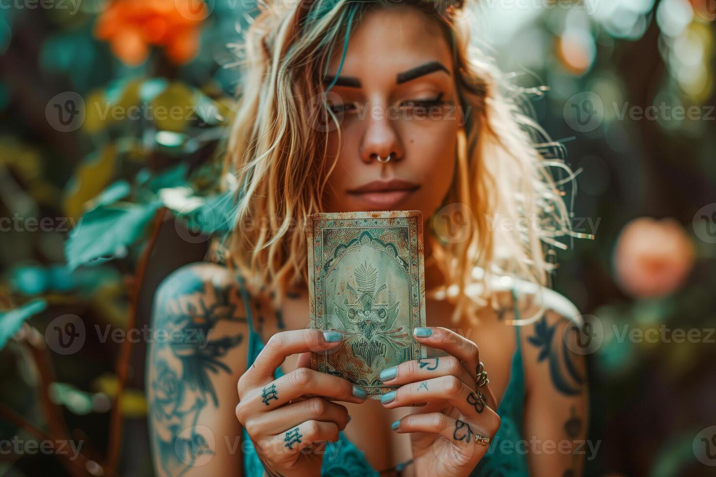 A woman with tattoos holding a tarot card in her hands photo