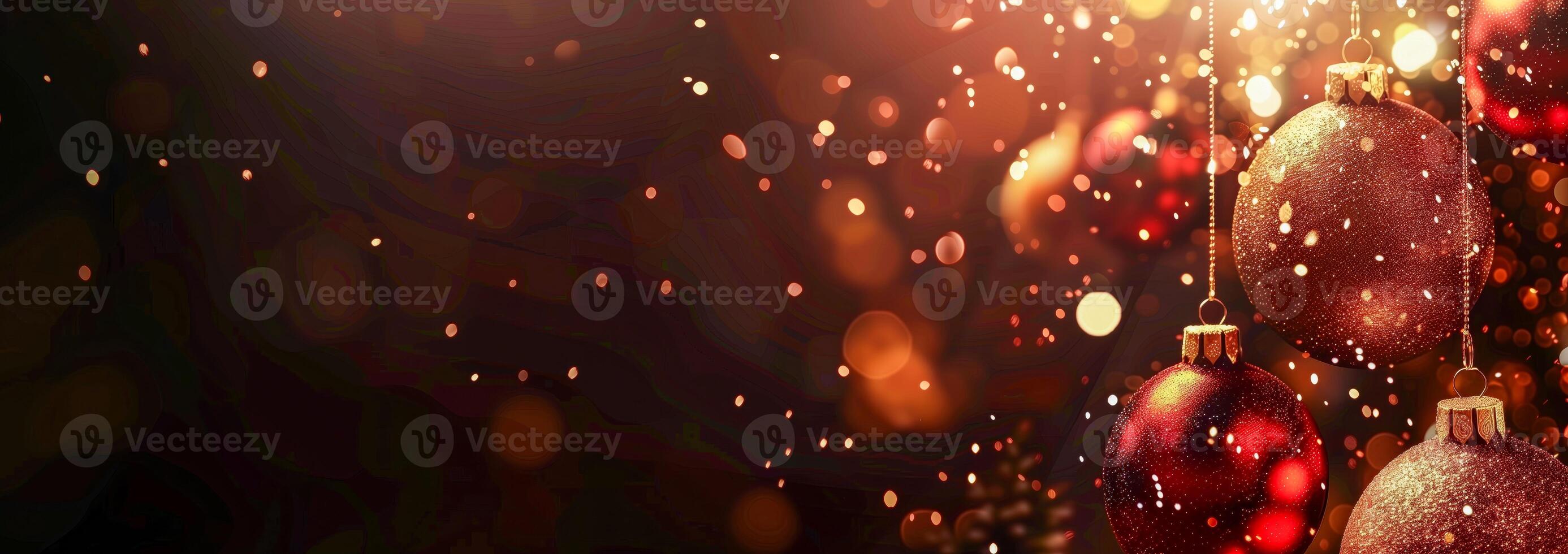 Xmas tree baubles with bokeh lights, banner photo