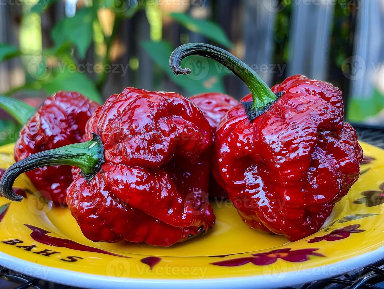 Peppers trinidad scorpion on a yellow plate on a table photo