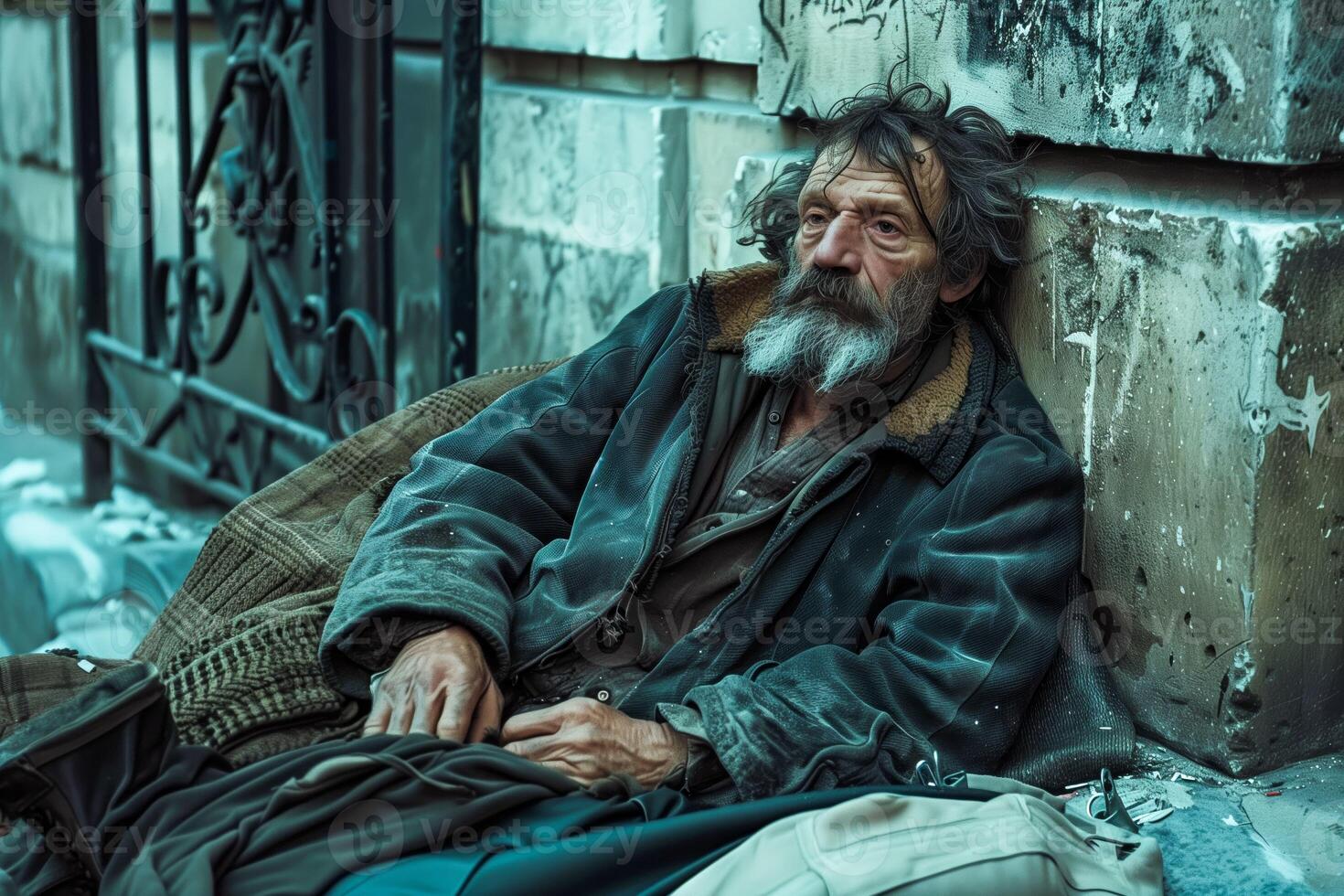 Homeless man sitting on the floor in grimy alley photo