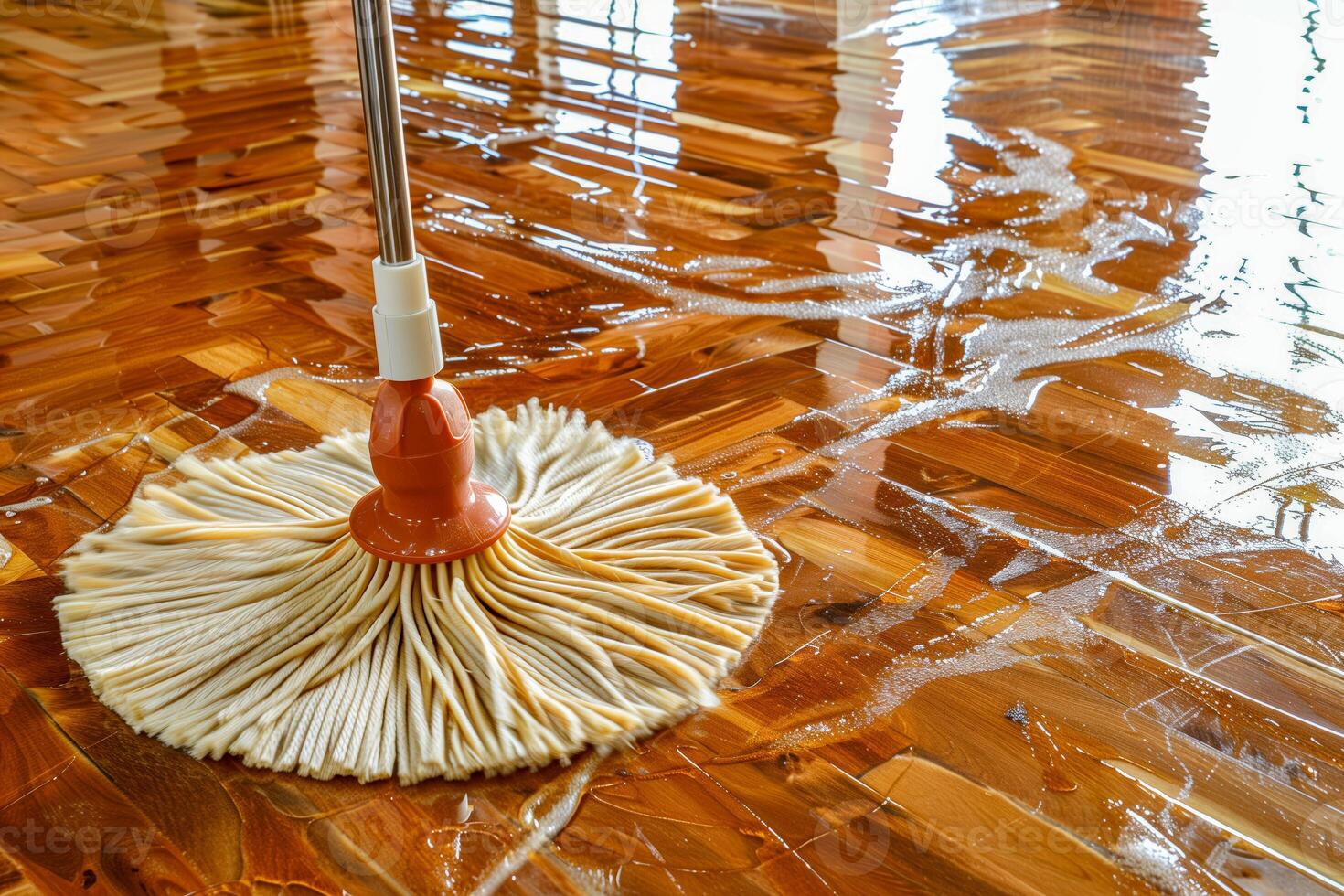 A close up of a mop on a wooden floor with water on it photo