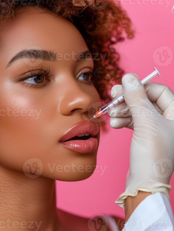 Doctor injecting woman's lips for enhancement photo