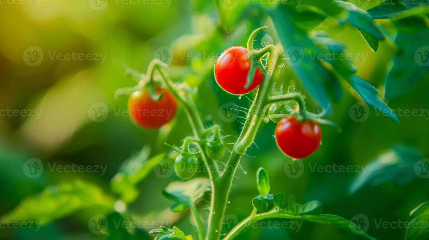 Cherry tomatoes growing on the vine in the garden photo