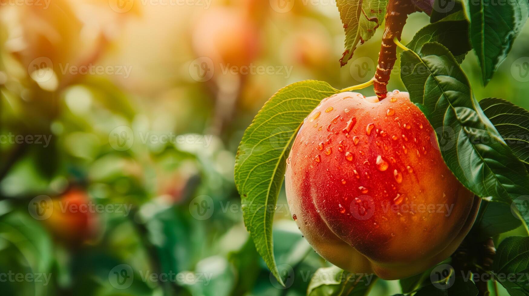 A ripe peach with dew drops hanging from a tree photo