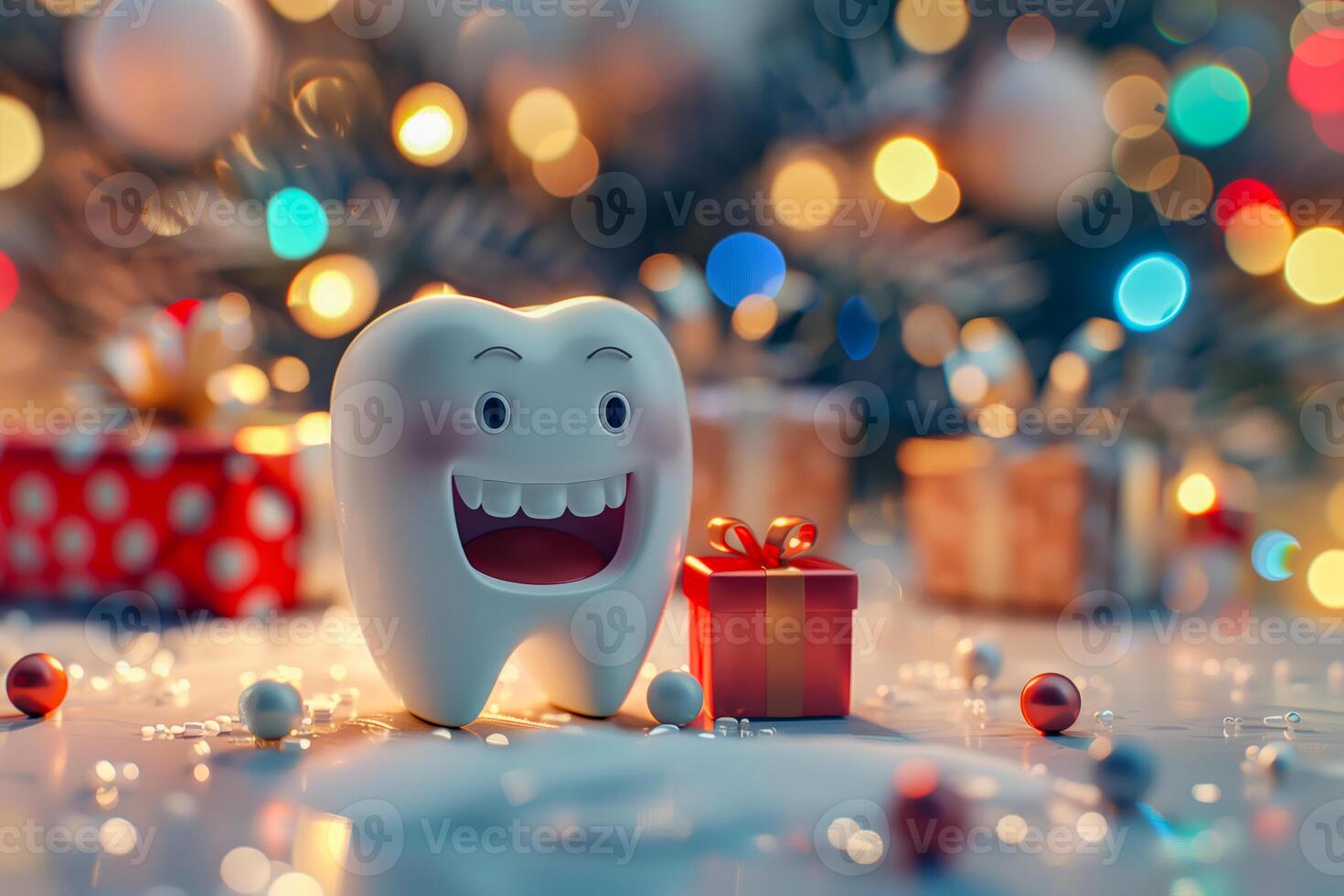Tooth with gift near christmas tree photo