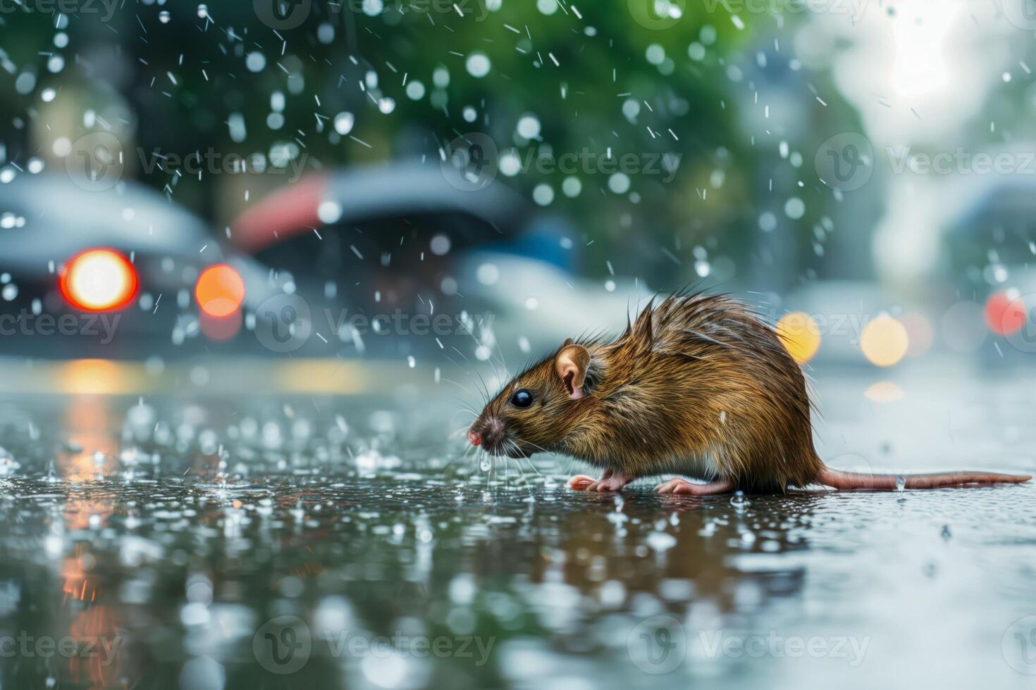 A small mouse standing under the rain photo