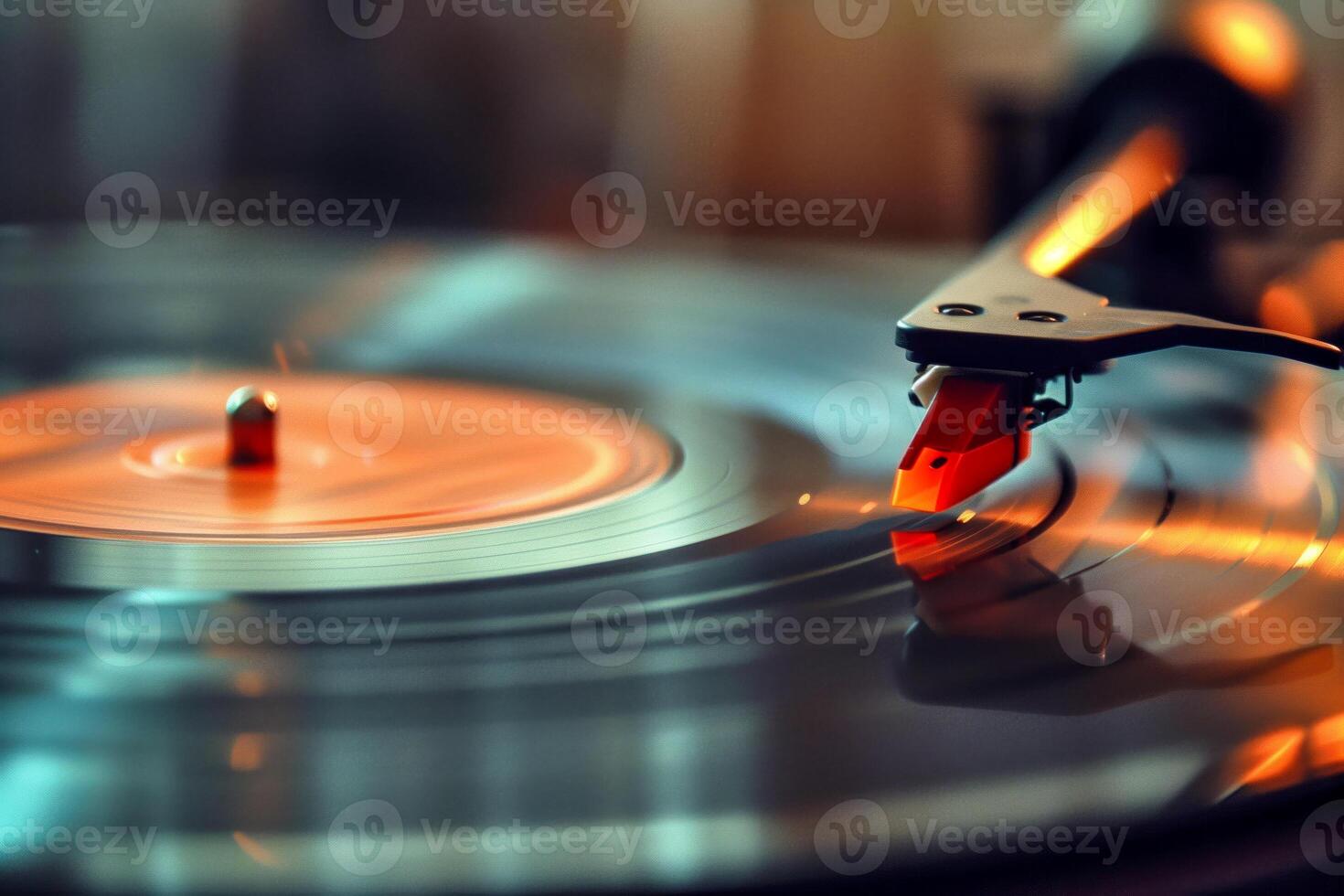 Vinyl player on the table, turntable head close-up photo