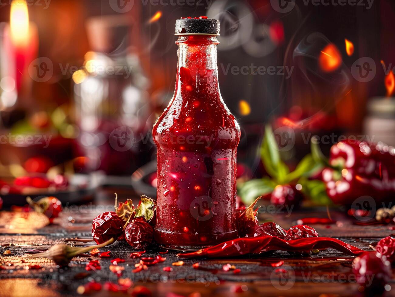A bottle of hot sauce and fresh chilis on a table photo