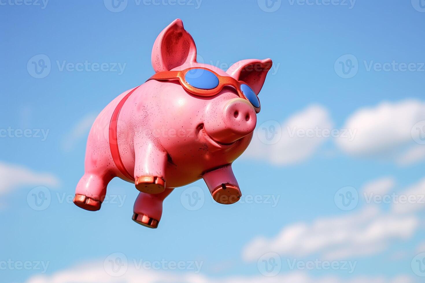 A pink pig with goggles soaring high in the sky photo