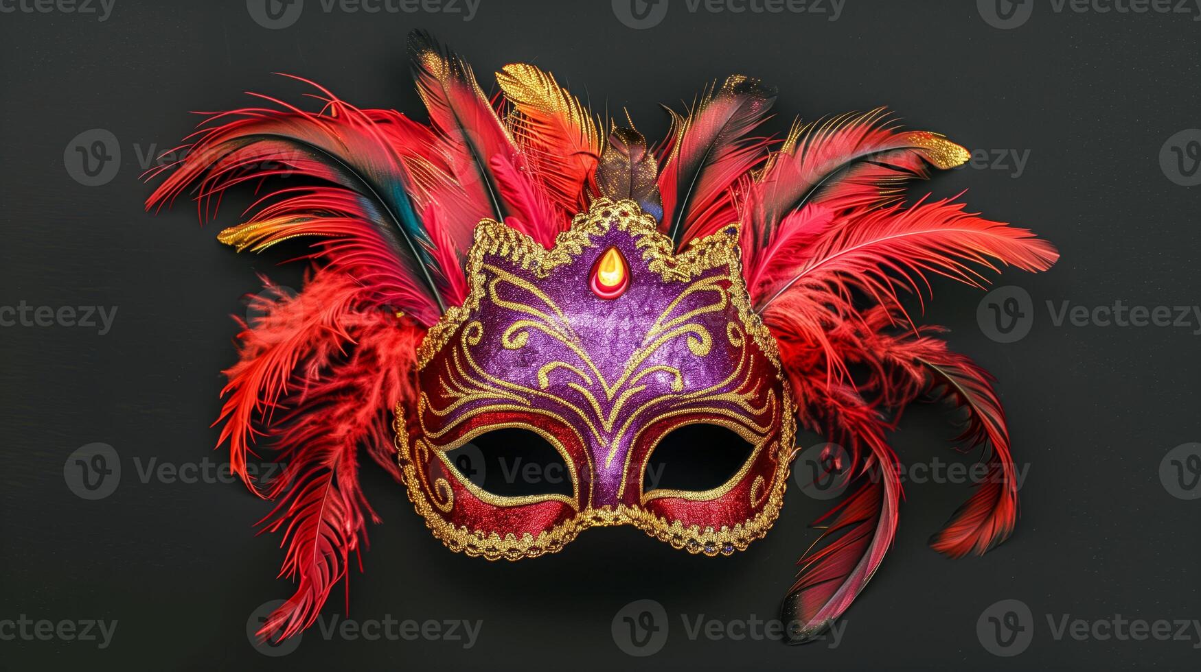 A close up of a purple mask with red feathers on a black background photo