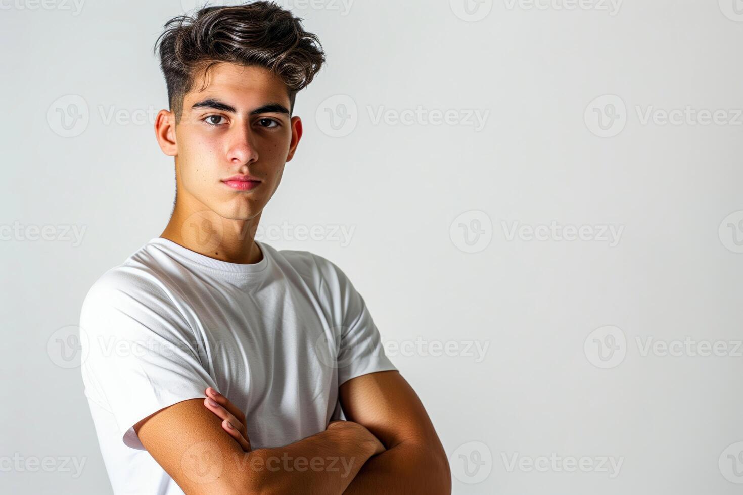 Young man in white shirt standing with arms crossed photo