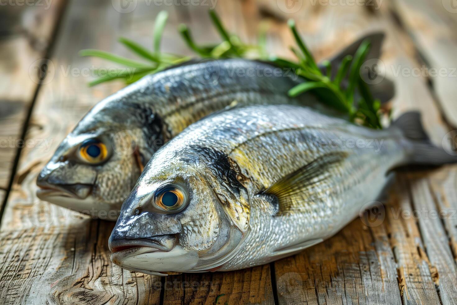Two fish on wooden table photo