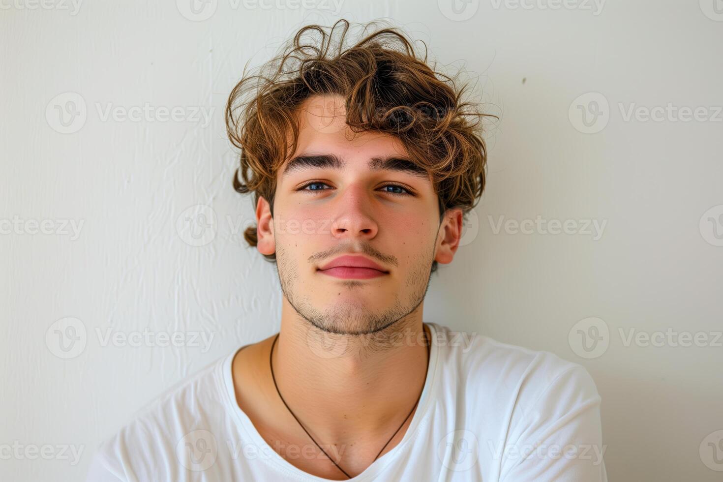 Man with curly hair and a white shirt looking up photo
