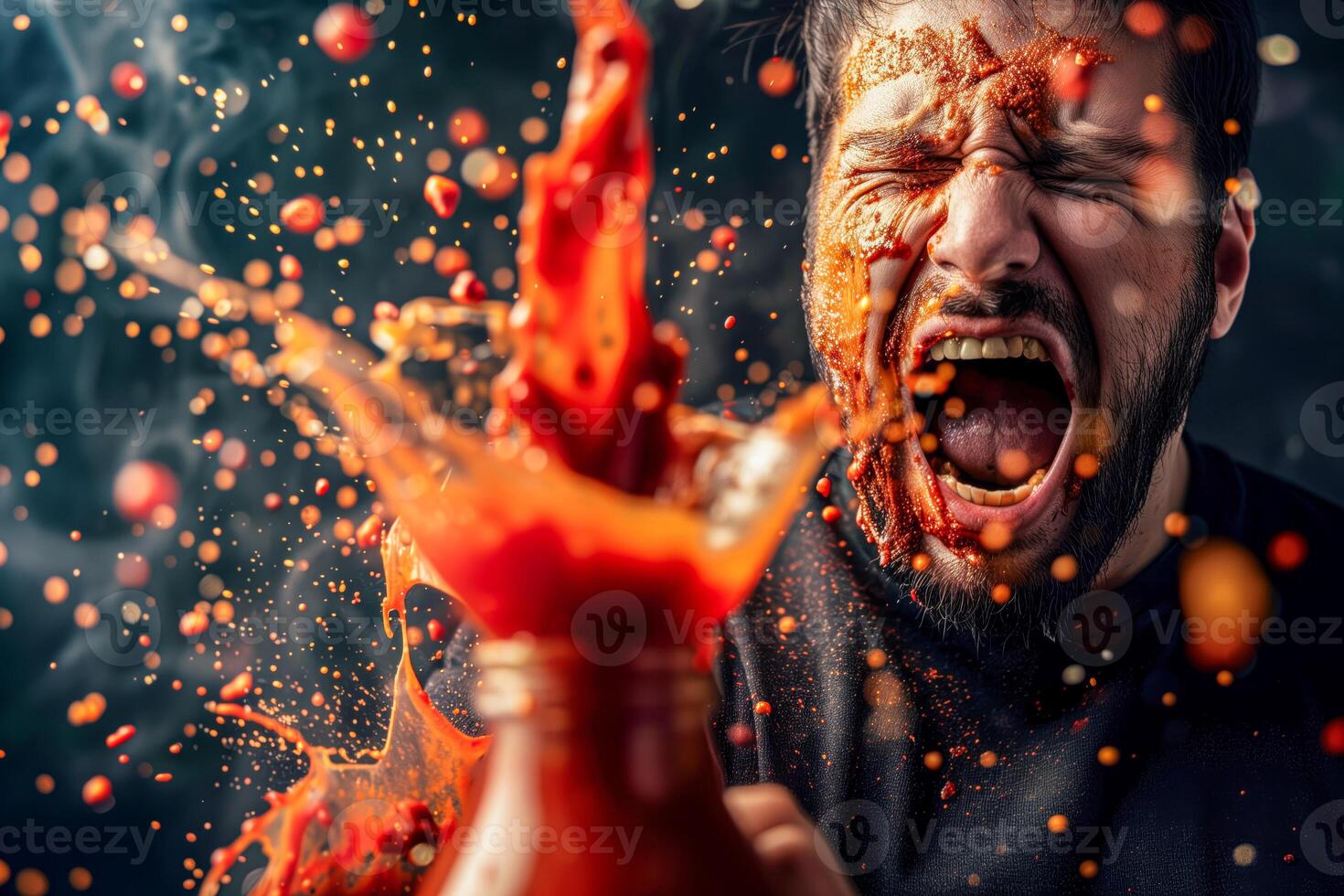 Man's face covered in exploding hot sauce photo