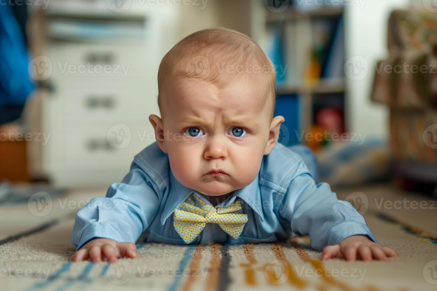 Baby with a bow tie lying on the floor photo