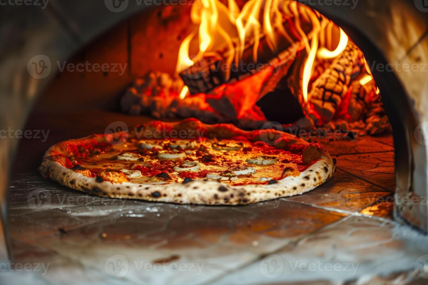 A pizza baking in the oven photo