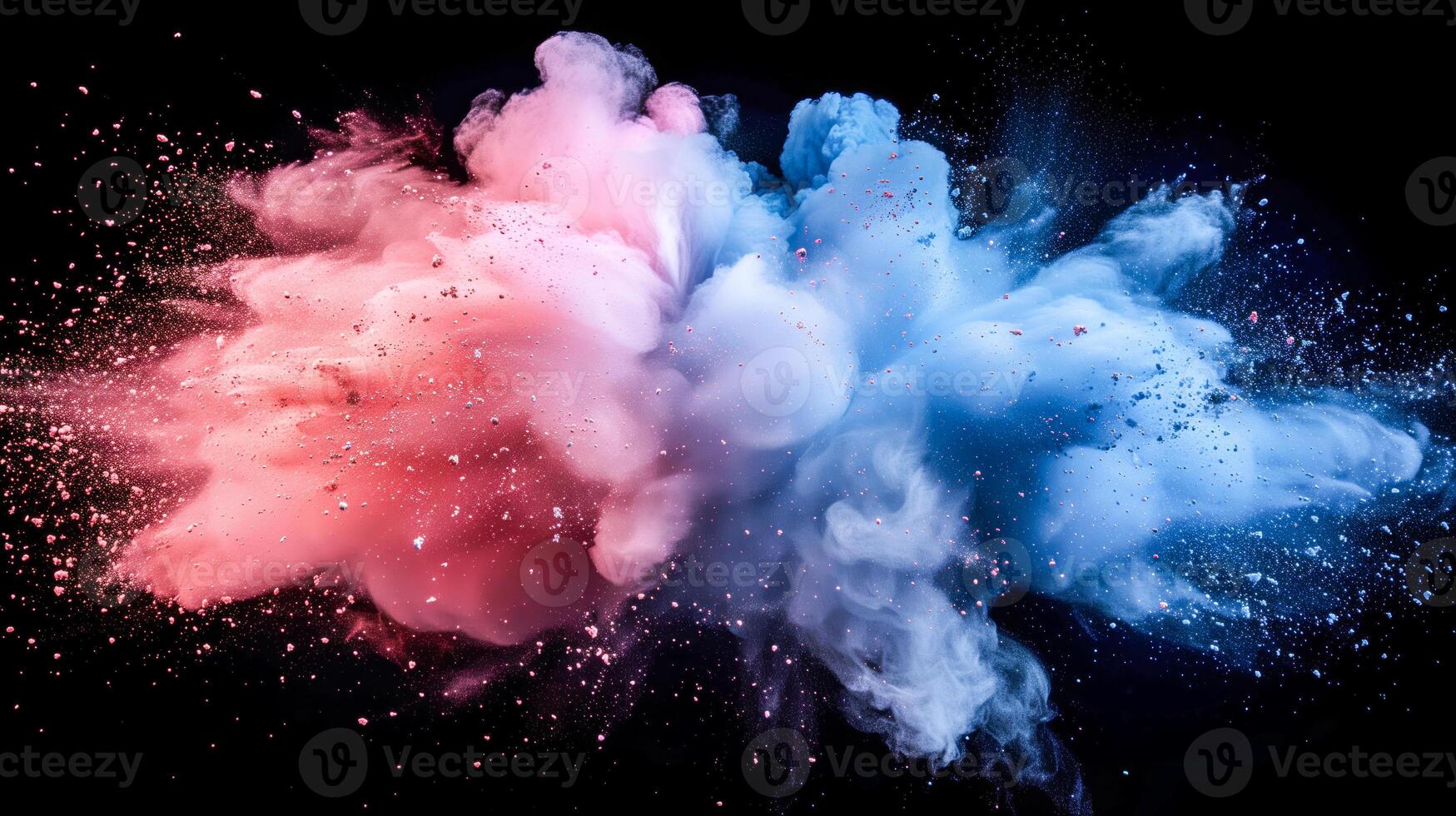 A close up of a pink and blue powder cloud on a black background photo