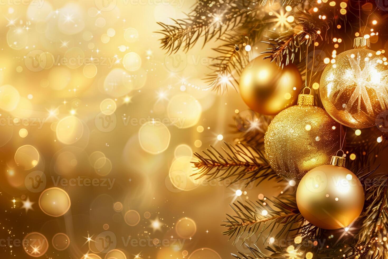 Close-up of christmas tree with golden baubles and glowing lights photo