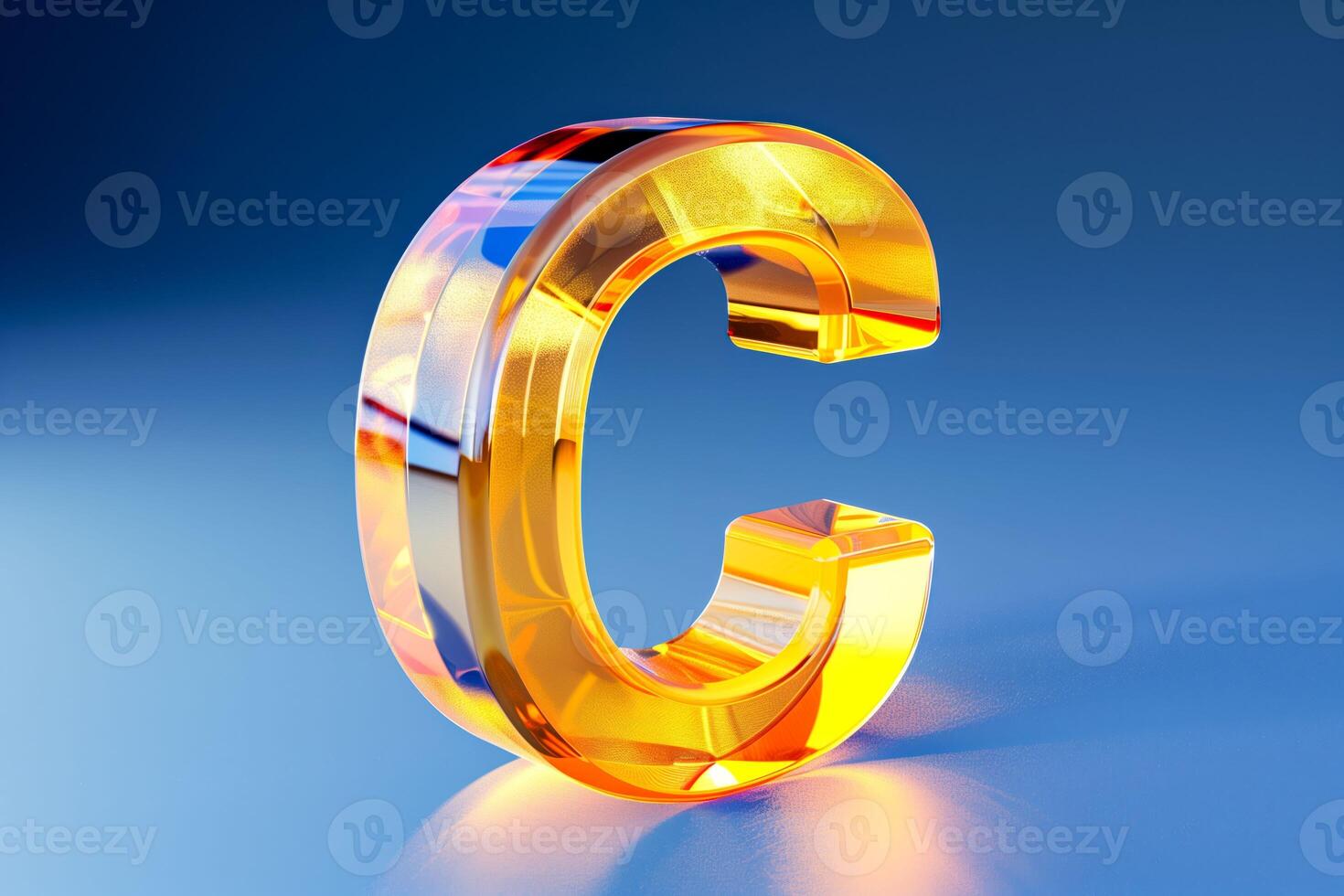 A close-up of a golden letter c on a blue surface photo