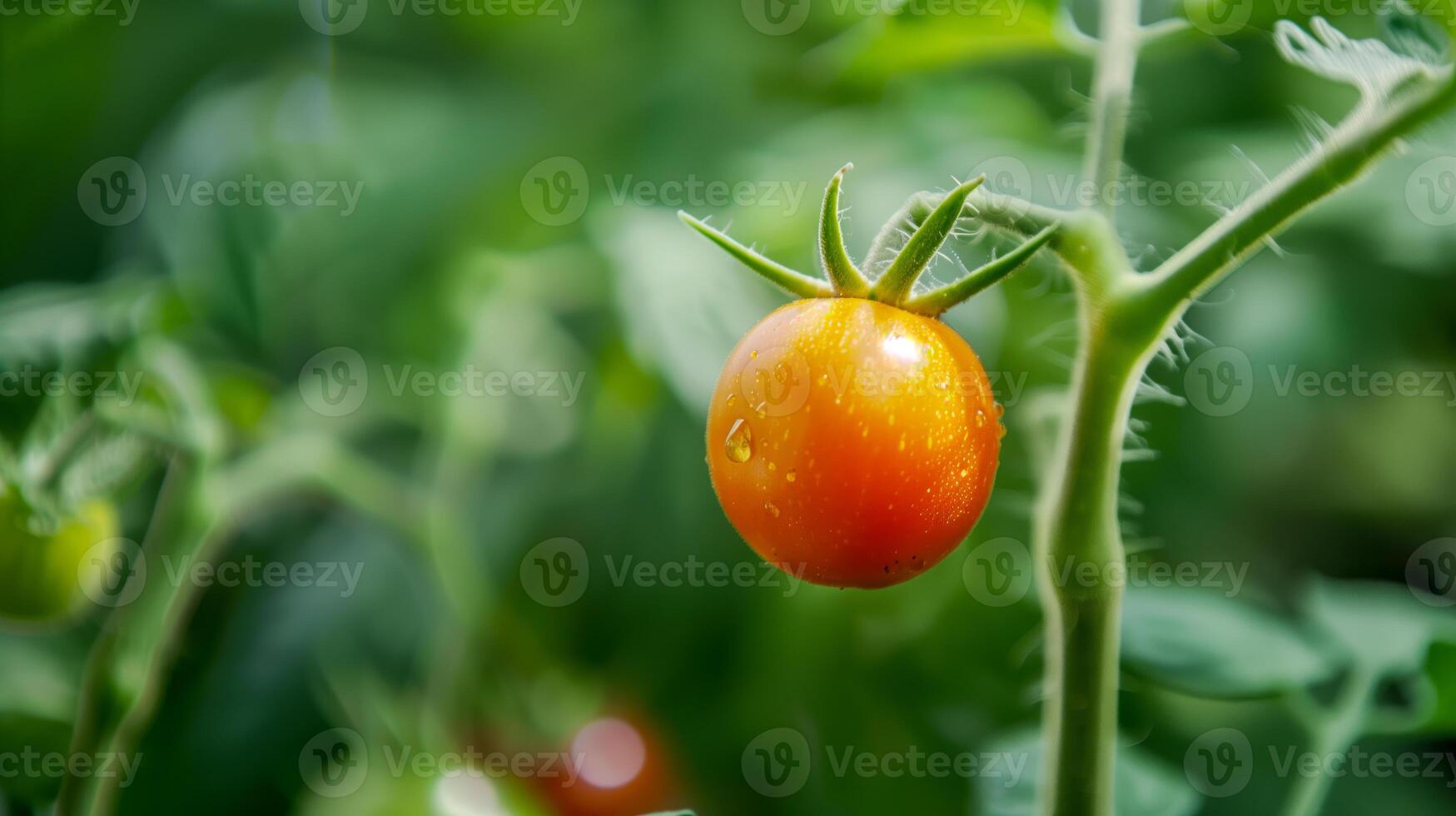 A tomato growing on the vine photo