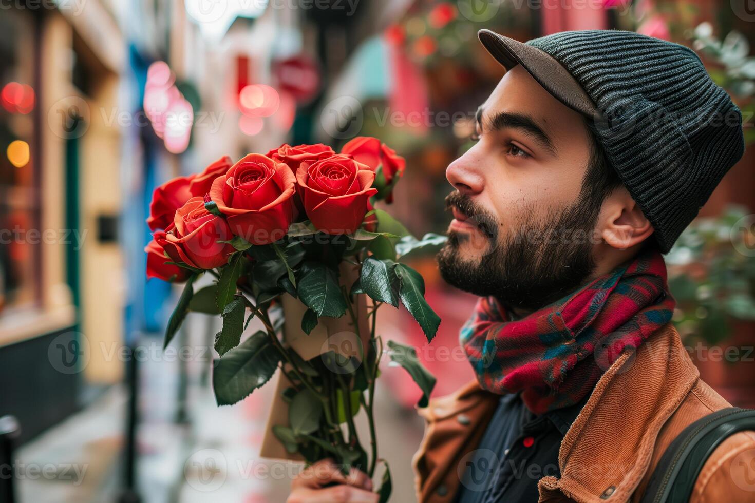 A man holding a bunch of roses in his hand photo