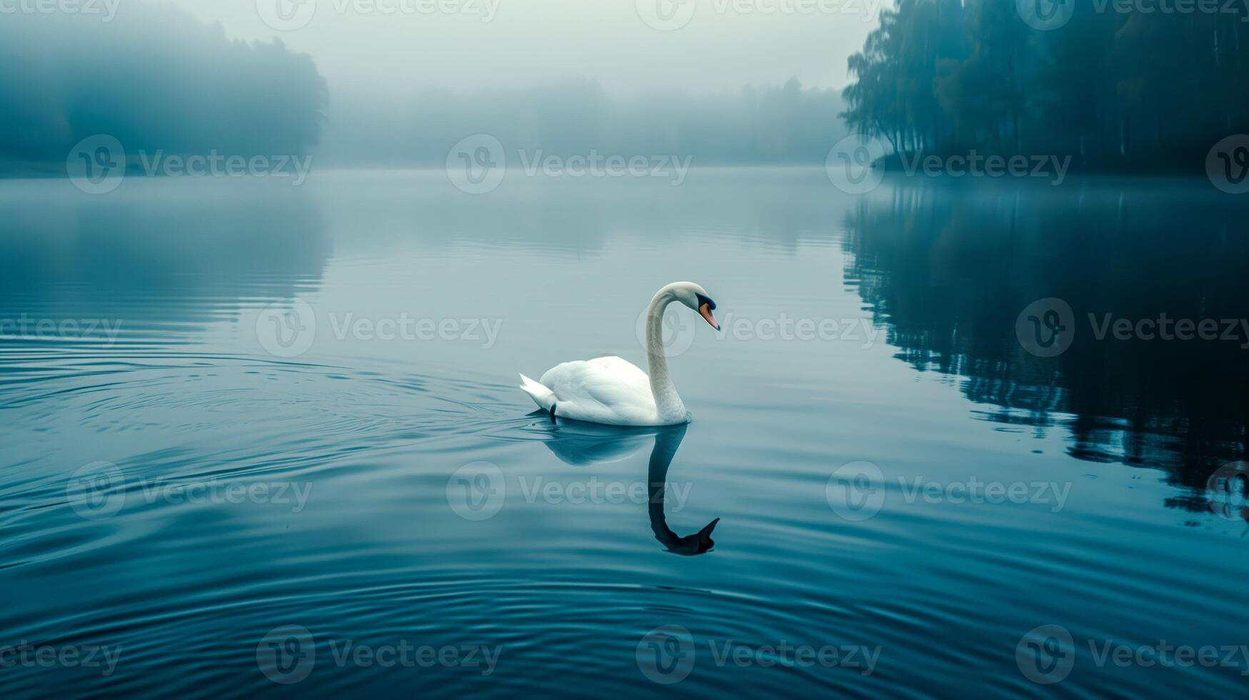 Swan swimming in a lake with foggy trees in the background photo