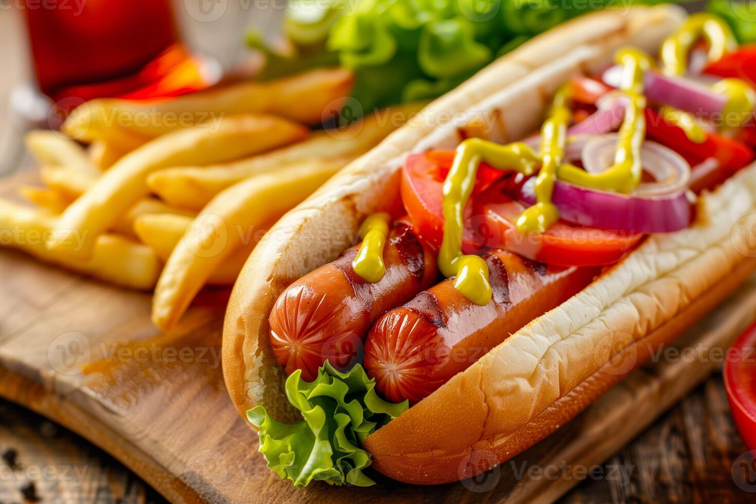 A hot dog topped with ketchup, onions, and tomatoes photo