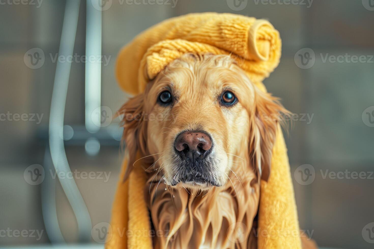 A dog with a towel on its head photo