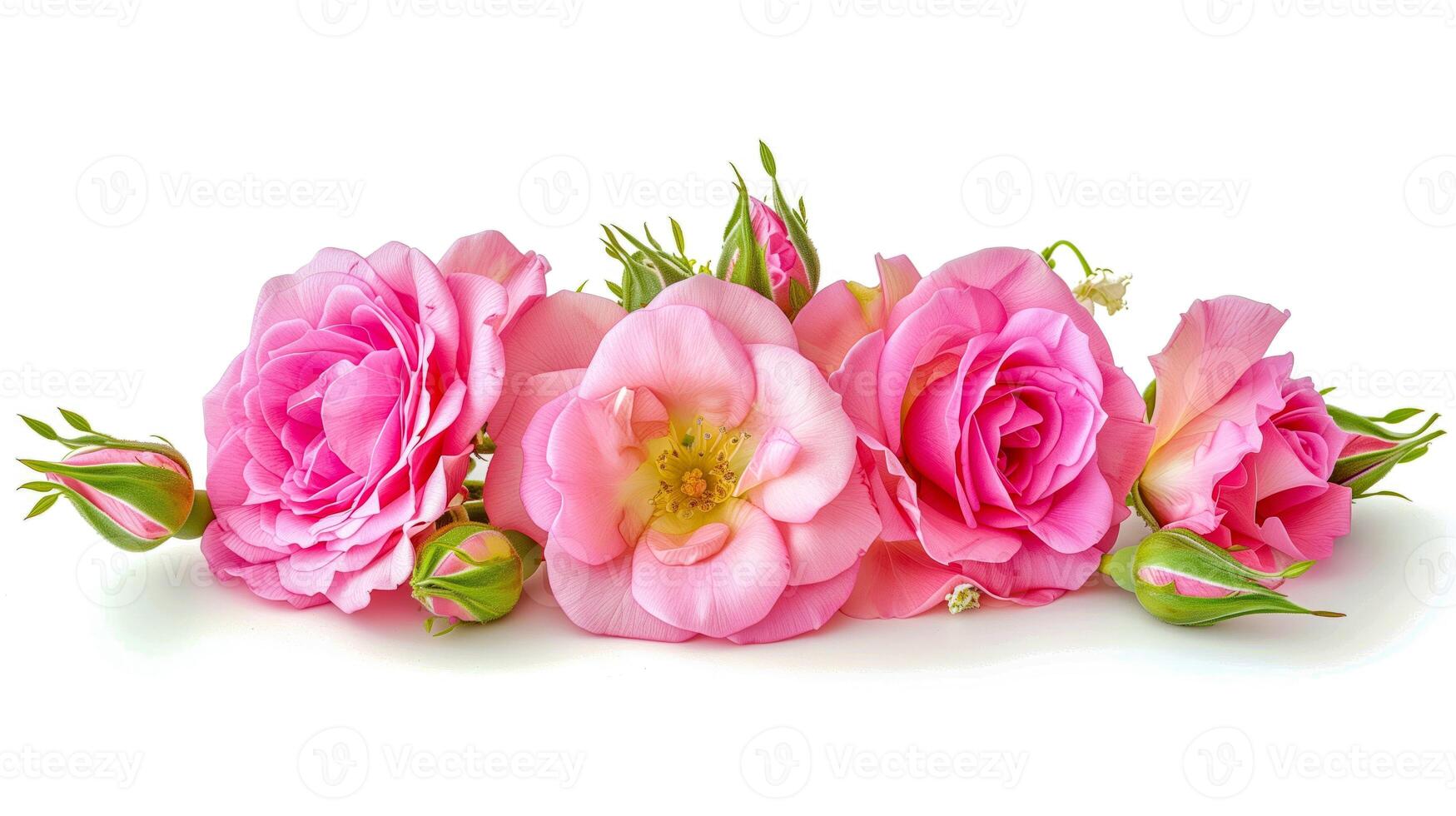 Pink roses with green leaves on a white backdrop photo