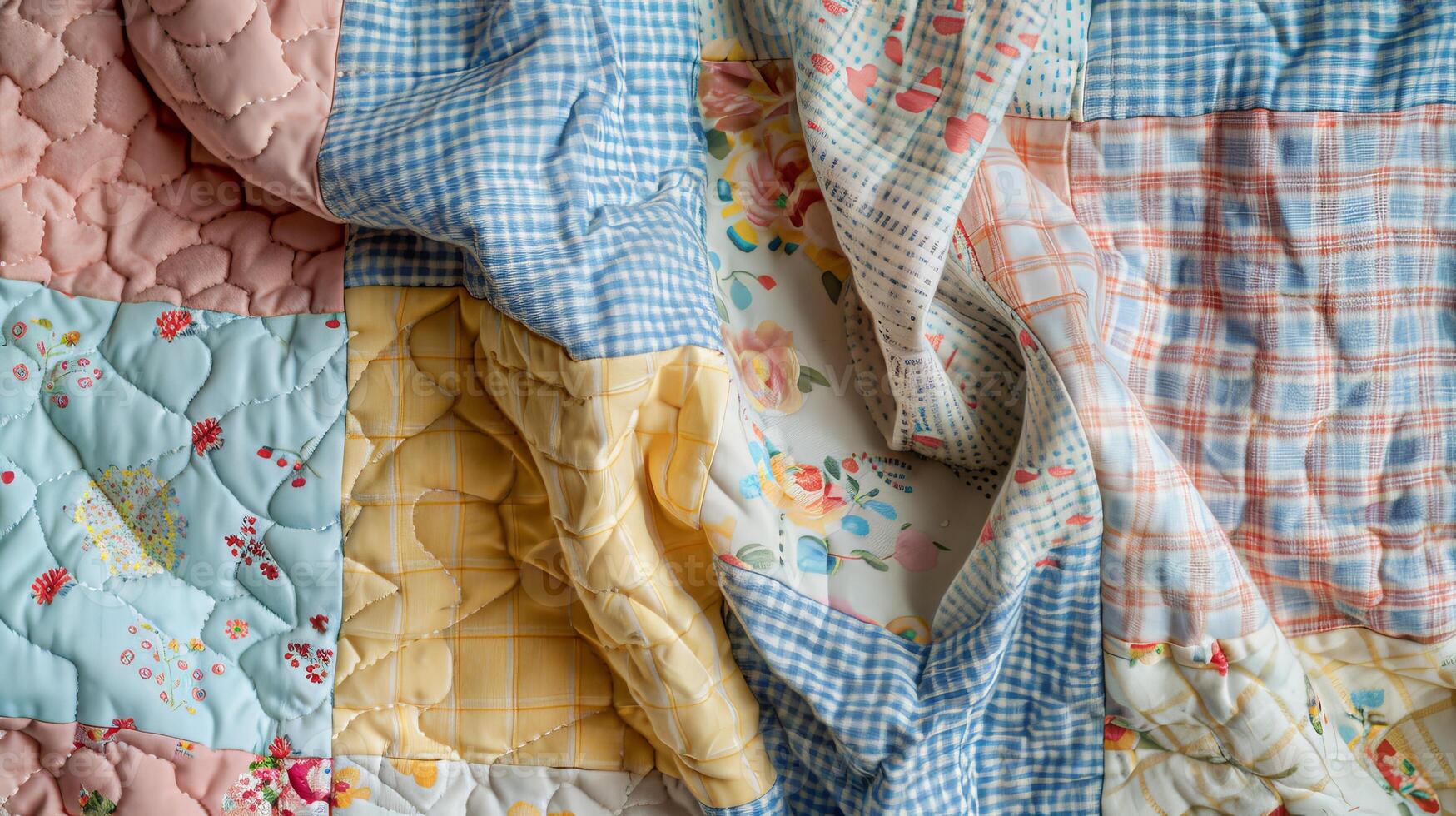 Colorful Patchwork Quilt with Various Patterns and Textures in Soft Pastel Tones photo