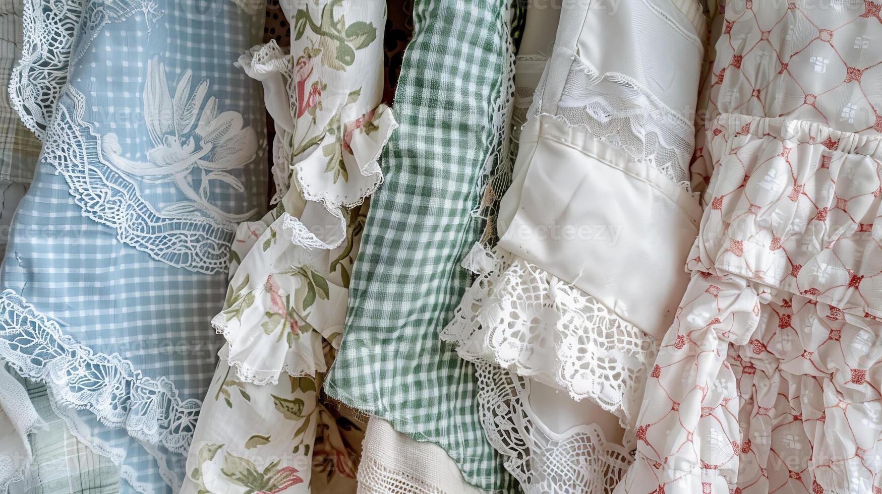 Colorful Vintage Fabrics with Lace and Patterns Hanging in a Row photo