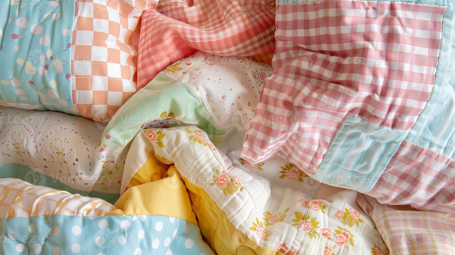 Colorful Patchwork Quilt with Various Patterns and Fabrics for Cozy Home Decor photo