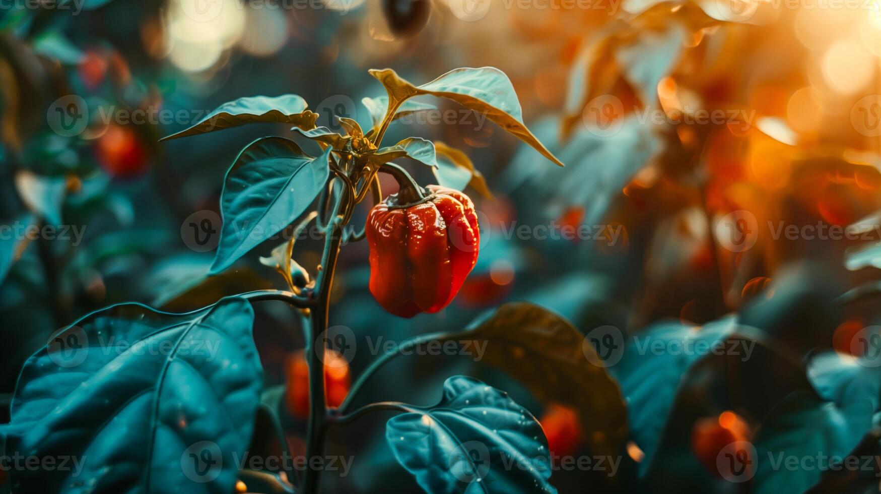 A red carolina reaper pepper plant under bright sun in garden photo