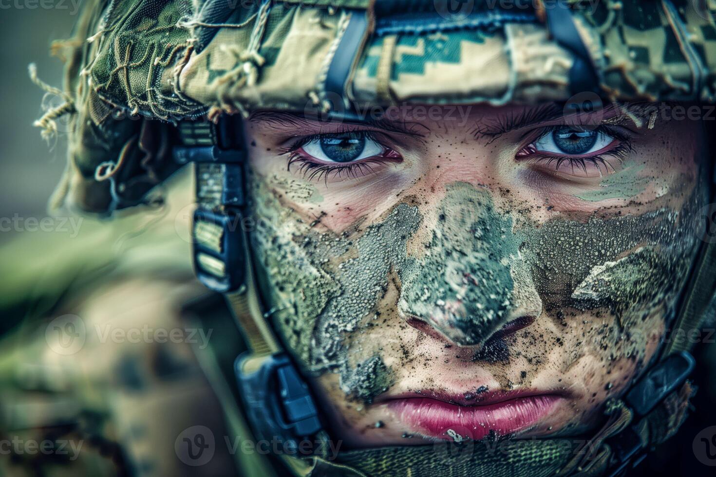 A soldier in camouflage uniform and helmet in close-up photo