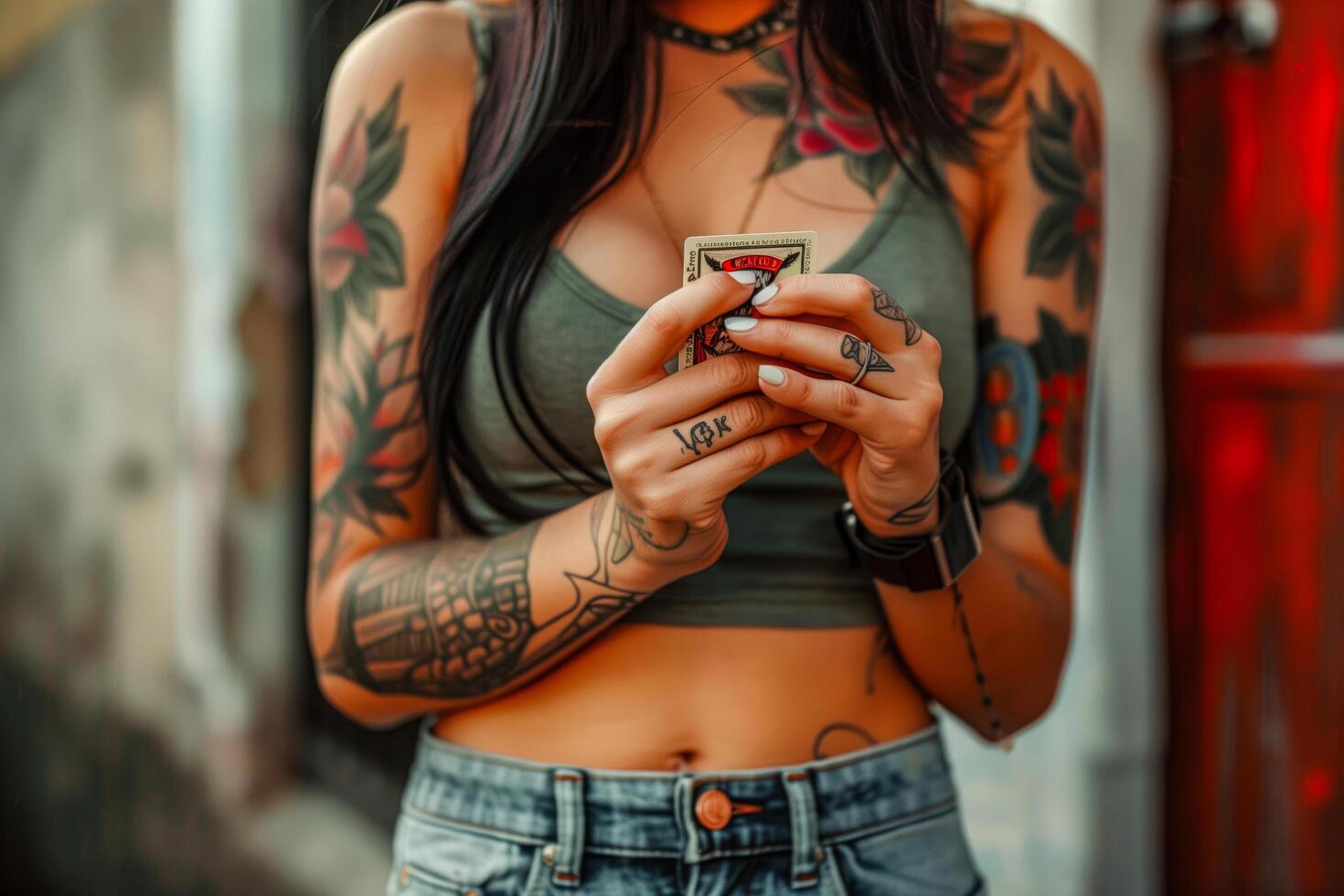 Woman with tattoos on her arms and chest holding a taro card photo