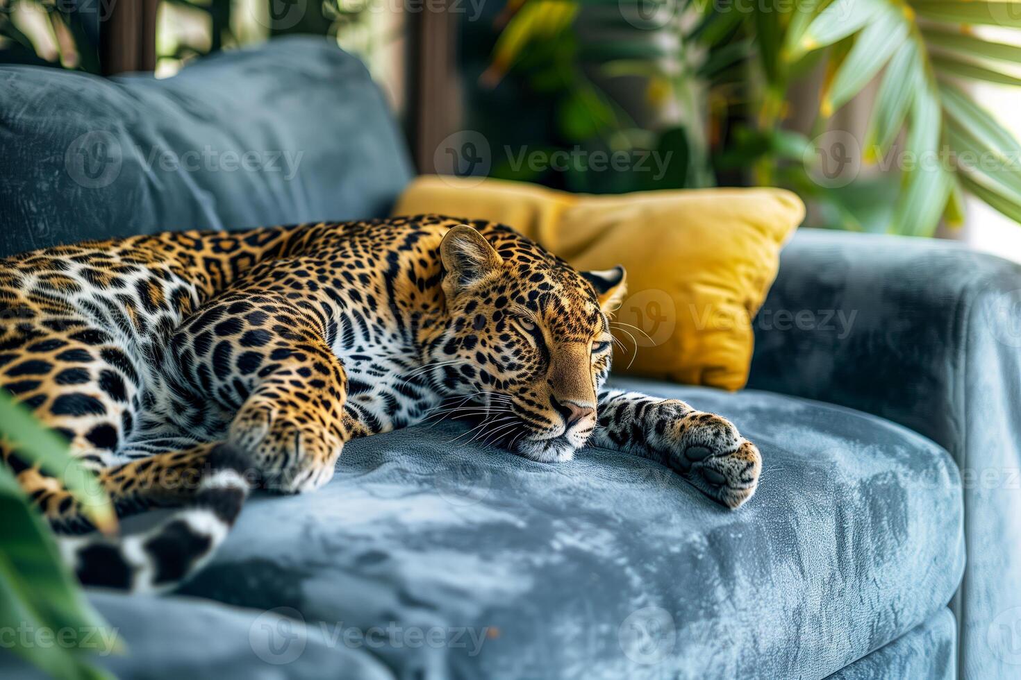 A leopard resting on a sofa photo