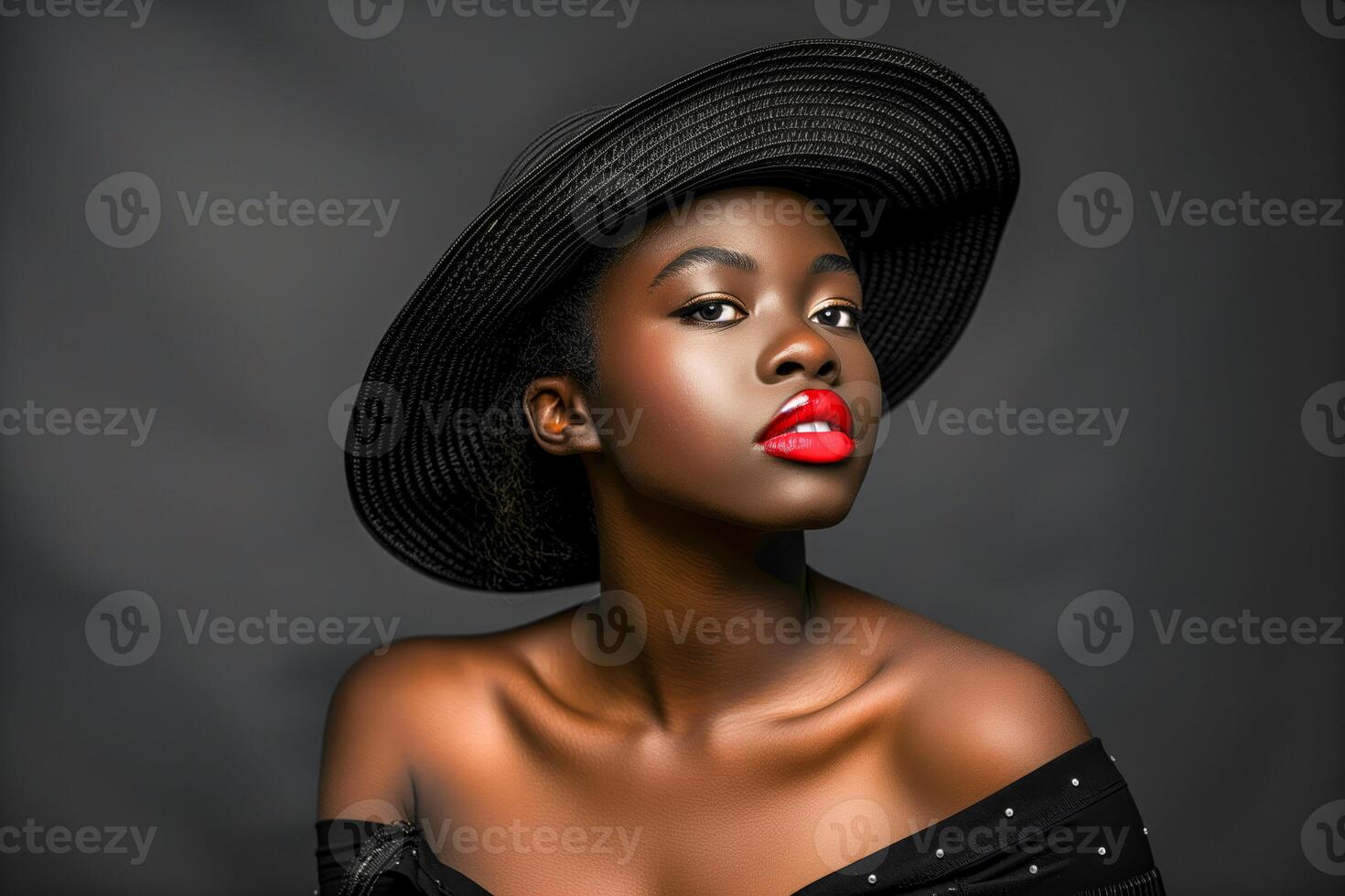 Woman in black hat and red lips photo