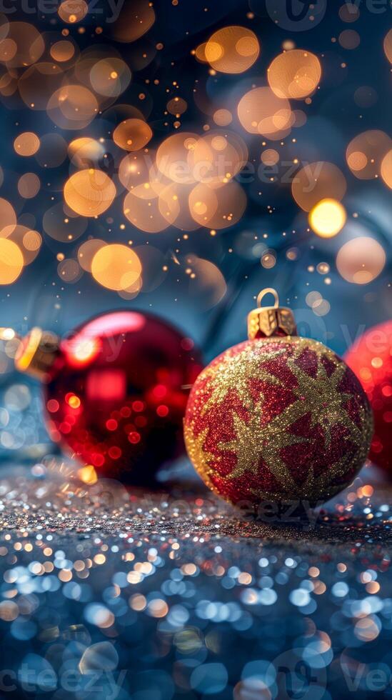 Red and gold christmas baubles arranged on table photo